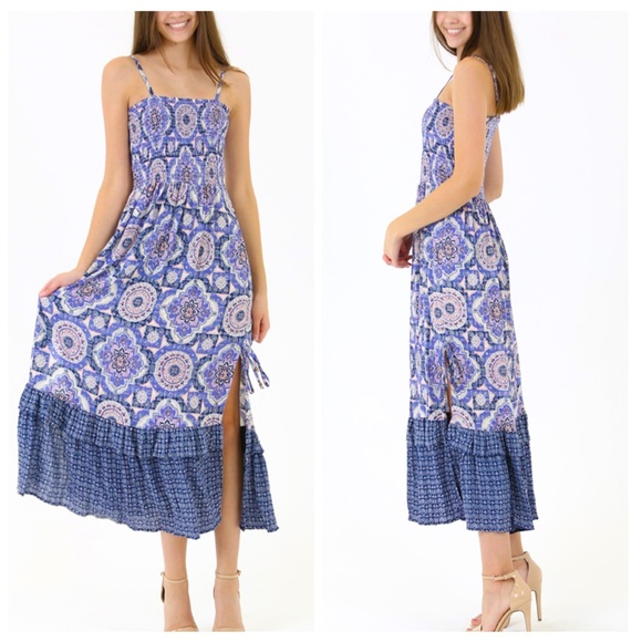 Purple Paisley Floral Smocked Boho Maxi Dress - Picture 3 of 3